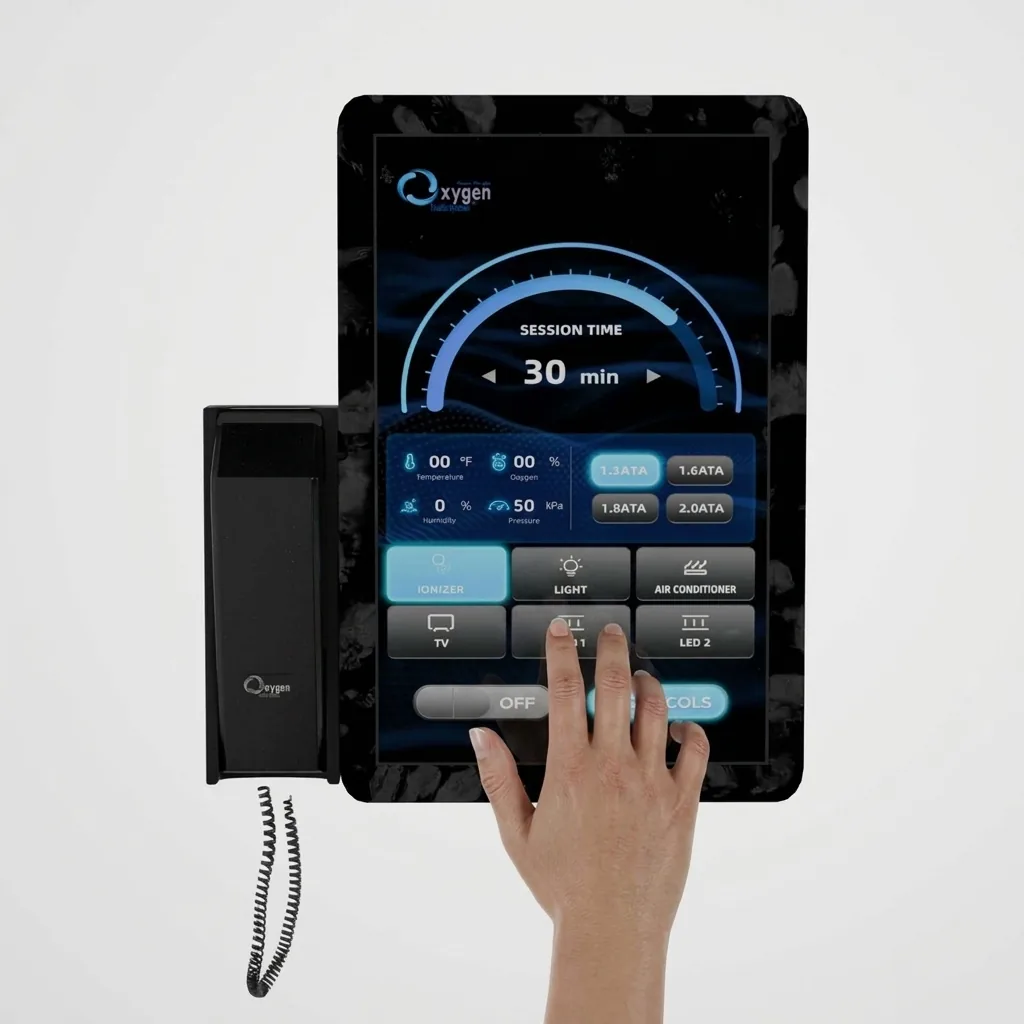 External touchscreen control panel showing session time, ATA pressure selection, and environment controls