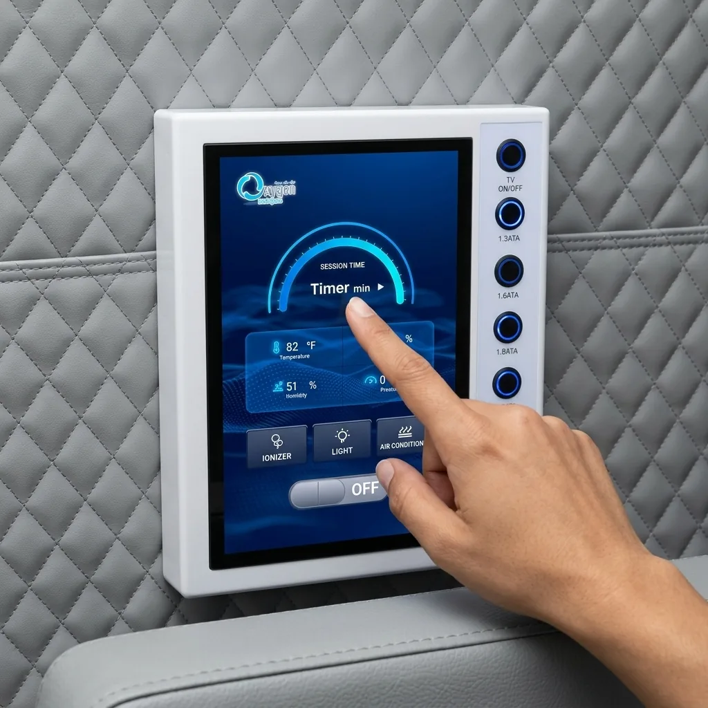 Internal touchscreen control panel mounted on the quilted chamber wall showing session timer, temperature, humidity, and environment controls with side pressure buttons